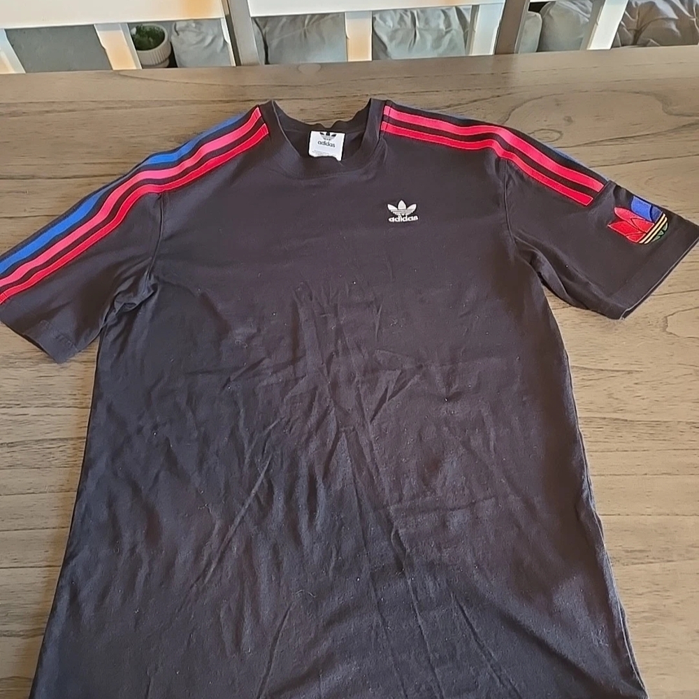 Adidas Men's Black Tee with Red and Blue Accents